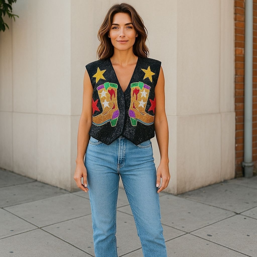 Vintage Ultra Colorful Star and Boot Sequin Vest